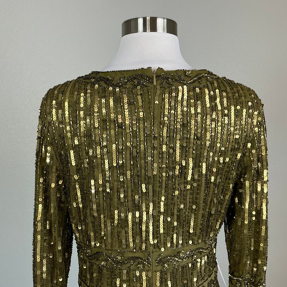 Mac Duggal 5591 Green Cocktail Dress Sequined Long Sleeve A-Line Midi Size 10 - Picture 9 of 13